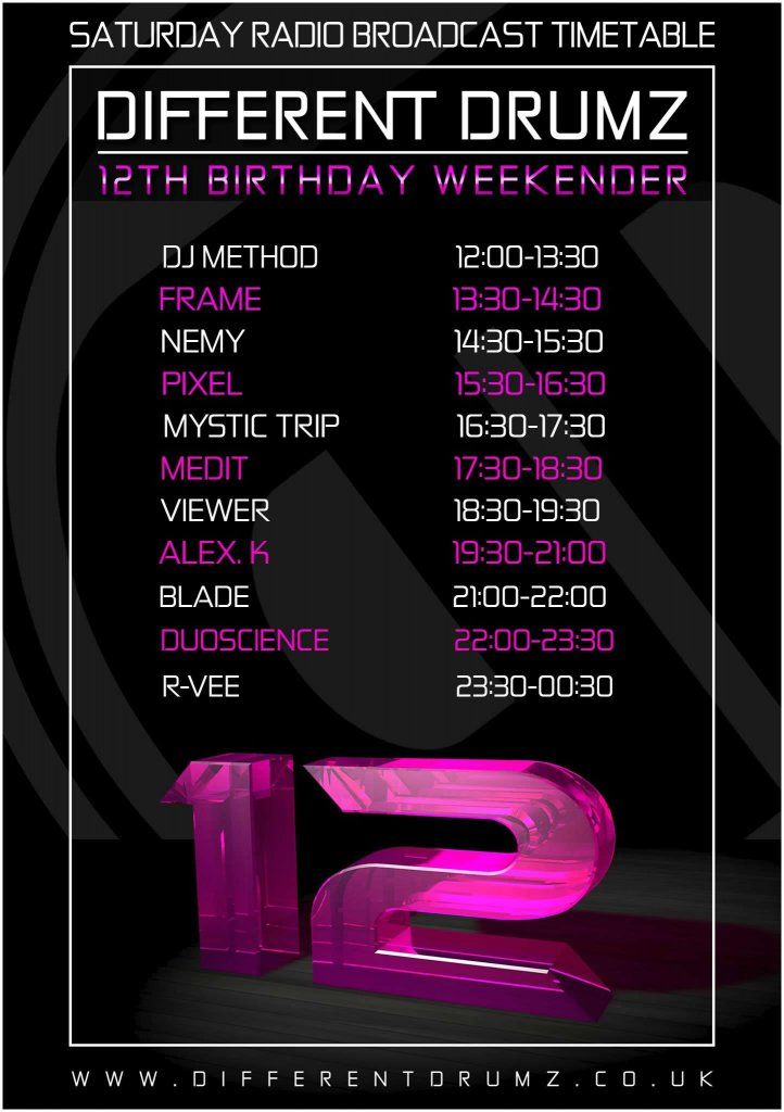 Different Drumz 12th Birthday Timetable - Saturday