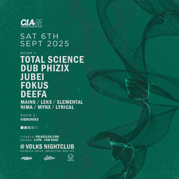 A promotional poster for a drum and bass music event at Volks Nightclub, featuring line-up details with electronic music themes and vibrant green abstract background.