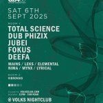 Vibrant drum and bass event poster with line-up details at Volks Nightclub in Brighton, featuring genres like dub and jungle, highlighting electronic dance music and nightlife scene.