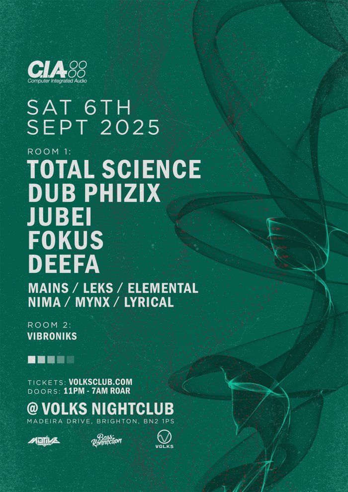 Vibrant drum and bass event poster with line-up details at Volks Nightclub in Brighton, featuring genres like dub and jungle, highlighting electronic dance music and nightlife scene.
