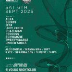 Vibrant promotional poster for a Drum & Bass event at Volks Nightclub showcasing live DJ performances and MCs, ideal for drum and bass music enthusiasts.