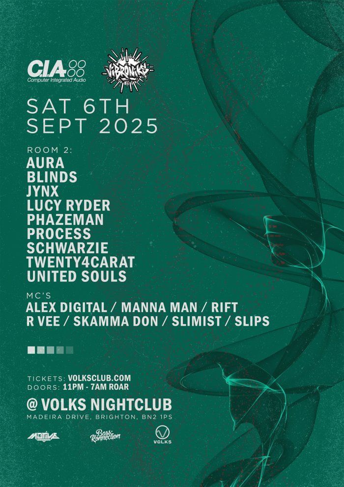 Vibrant promotional poster for a Drum & Bass event at Volks Nightclub showcasing live DJ performances and MCs, ideal for drum and bass music enthusiasts.