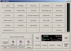 Jingle Palette software interface displaying various DJ names and controls, illustrating a professional setup for drum and bass music mixing. Perfect for showcasing expert DJ equipment and sound management.